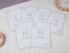 six pregnancy milestone cards displaying the number of weeks pregnant