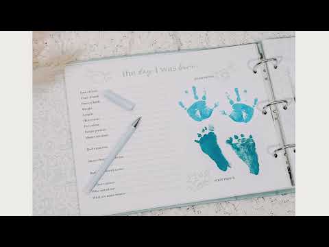 Photo collage of pages inside baby memory book